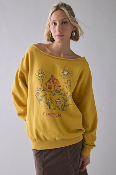 Maison Cross Stitch Graphic Off-The-Shoulder Oversized Pullover