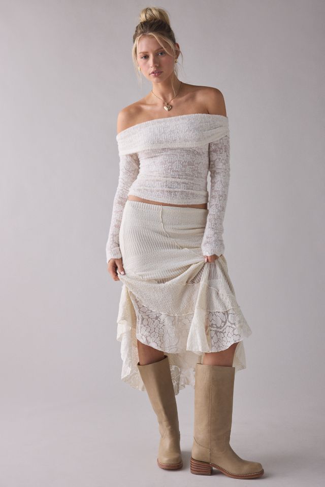 UO Birdie Textured Lace Patchwork Asymmetric Midi Skirt #2