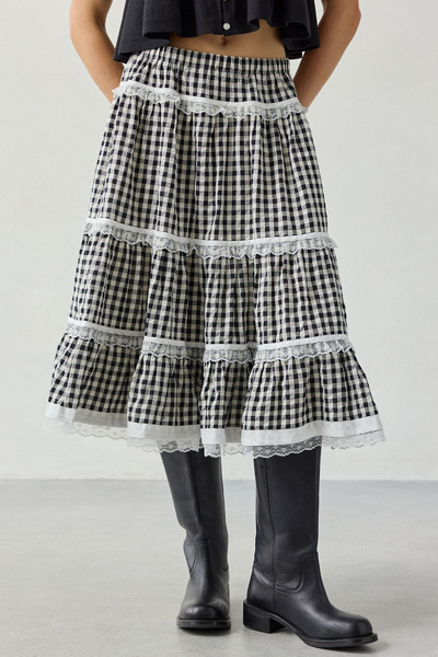 Kimchi Blue Esther Lace Trim Tiered Midi Skirt