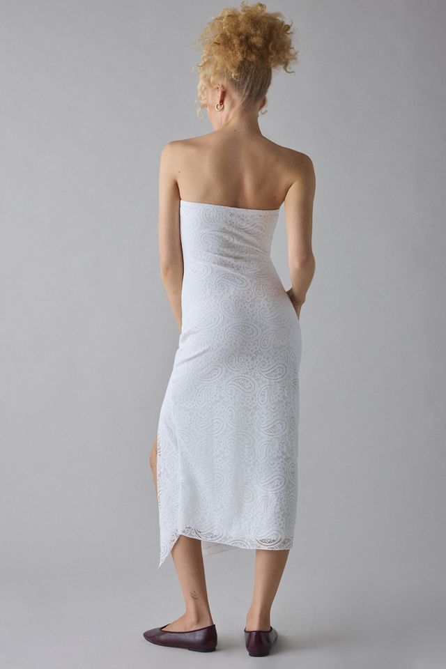 UO Samara Stretch Lace Strapless Midi Dress in Beige, Women's M at Urban Outfitters