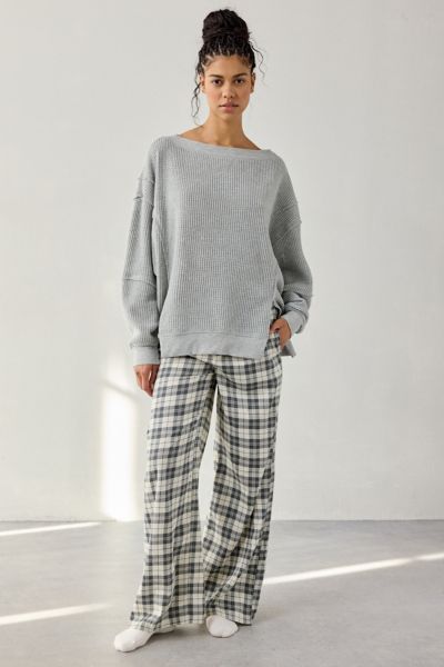 Out From Under Homebody Waffle Knit Oversized Off-the-shoulder Top In Grey, Women's At Urban Outfitters In Gray