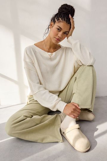 Out From Under Homebody Waffle Knit Oversized Off-The-Shoulder Top