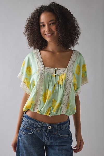 Kimchi Blue Ada Short Sleeve Lace Trim Satin Blouse
