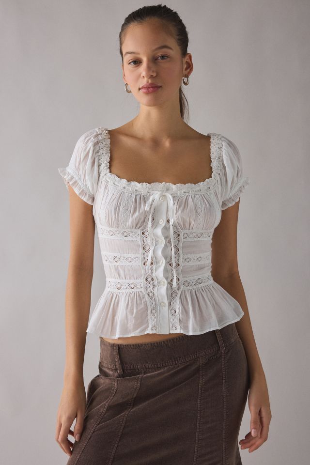 Kimchi Blue Nora Lace Trim Puff Sleeve Button-Up Blouse #2