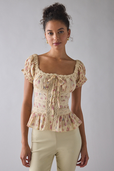 Kimchi Blue Nora Lace Trim Puff Sleeve Button-Up Blouse