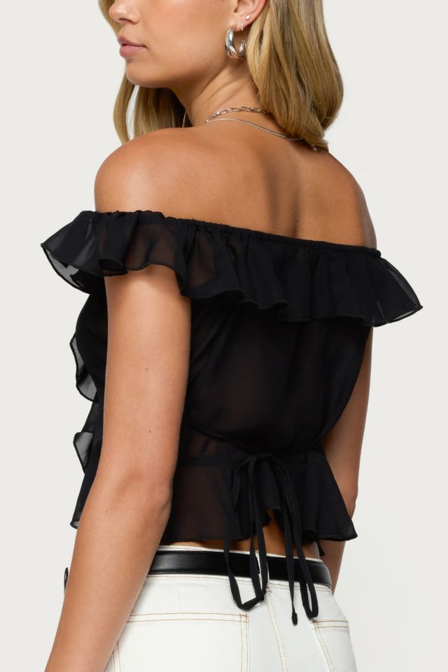 Edikted Sheer Chiffon Ruffled Off Shoulder Top #4