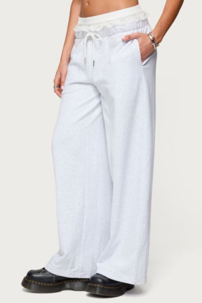 Edikted Tamia Peekaboo Ruffle Lace Sweatpants In Light/grey/melange, Women's At Urban Outfitters In White