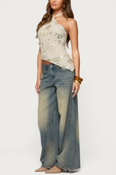 Edikted Beaded Sequin Asymmetric Halter Top In Beige, Women's At Urban Outfitters In Blue