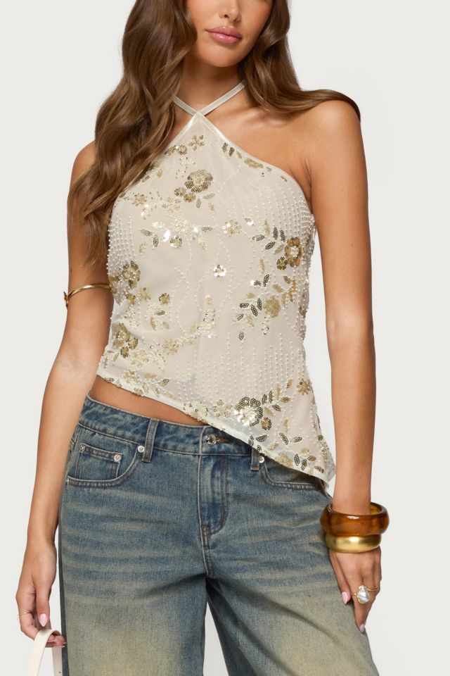 Edikted Beaded Sequin Asymmetric Halter Top #2