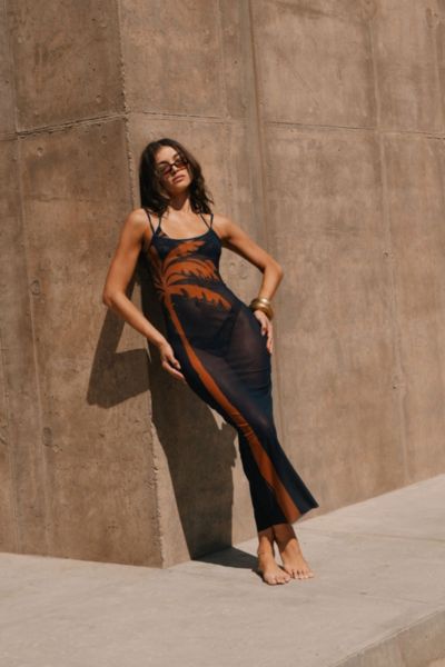 Weworewhat Mesh Palm Print Maxi Slip Dress In Black