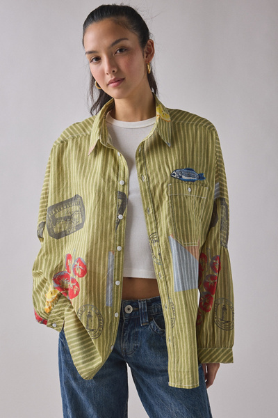 Bdg Alex Embroidered Graphic Oversized Cotton Button-down Shirt In Green, Women's At Urban Outfitters