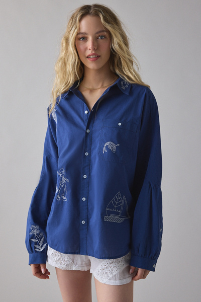 Bdg Alex Embroidered Graphic Oversized Cotton Button-down Shirt In Blue, Women's At Urban Outfitters
