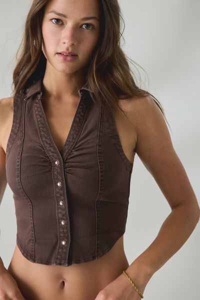 BDG Rae Snap-Front Cropped Denim Vest Top