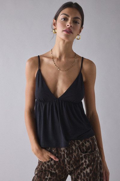 Kimchi Blue Jaelyn Jersey Knit Plunging Babydoll Cami In Black, Women's At Urban Outfitters