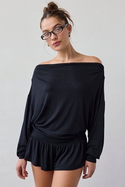 Out From Under Kiera Jersey Knit Off-the-shoulder Sleep Romper Top In Black, Women's At Urban Outfitters