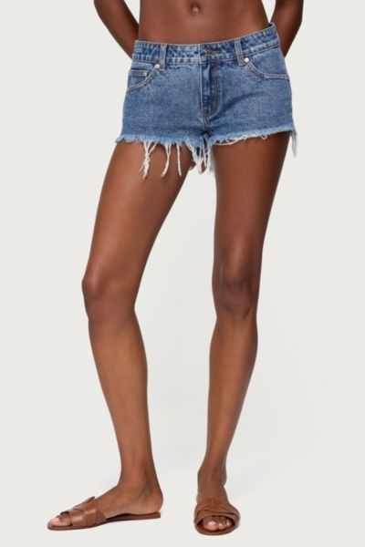 Edikted Frayed Vintage Washed Denim Shorts In Blue, Women's At Urban Outfitters In Blue