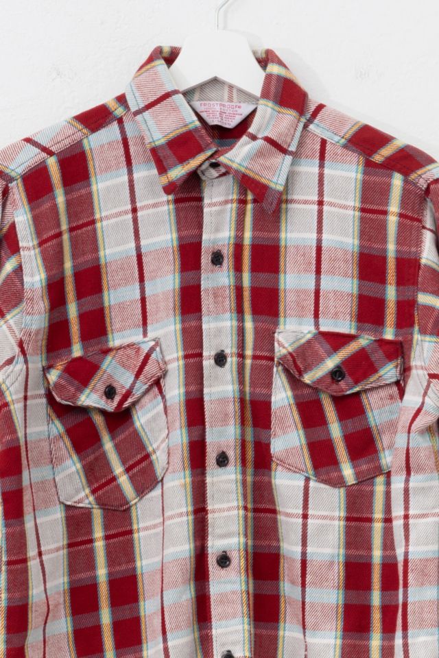 Vintage 1970s Distressed Cotton Plaid Red Yellow White Button Up Shirt Made in USA #1