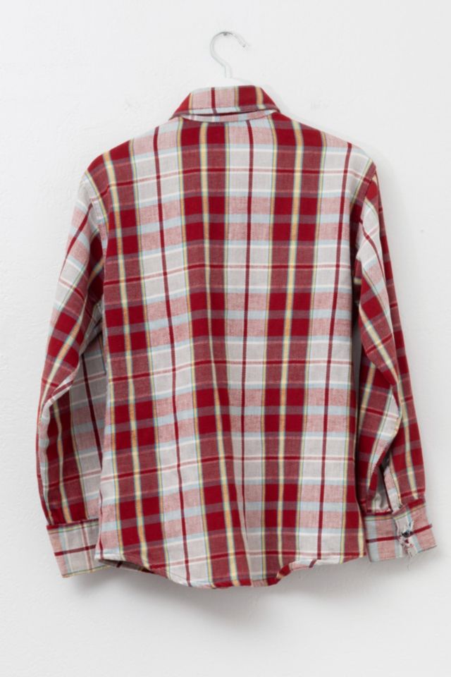 Vintage 1970s Distressed Cotton Plaid Red Yellow White Button Up Shirt Made in USA #2