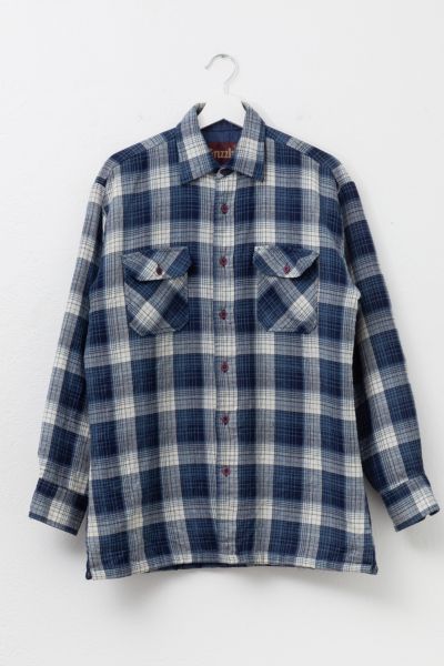 Vintage 1980s Blue White Quilt Lined Plaid Button Up Shirt