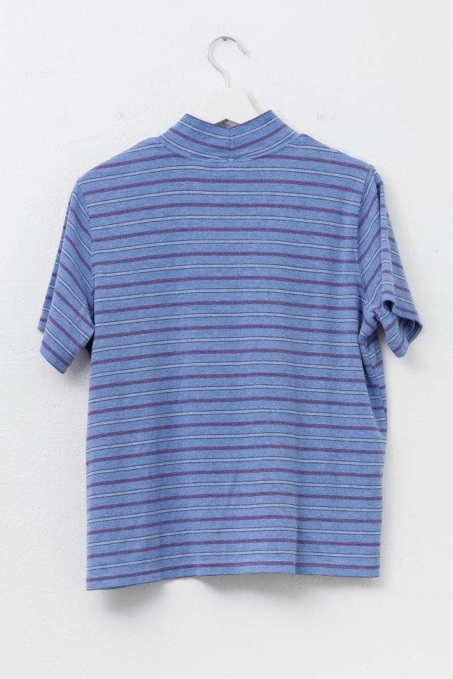 Vintage 1980s Blue Striped Short Sleeve Mock Neck T-Shirt #1