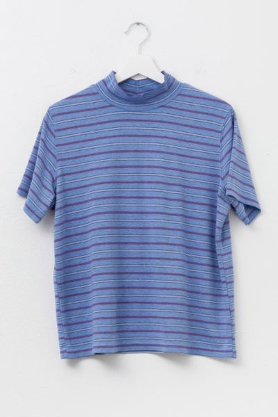 Vintage 1980s Blue Striped Short Sleeve Mock Neck T-Shirt