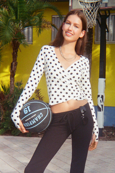 Out From Under Bec Ballet Wrap Top in White/Black Polka Dot, Women's at Urban Outfitters