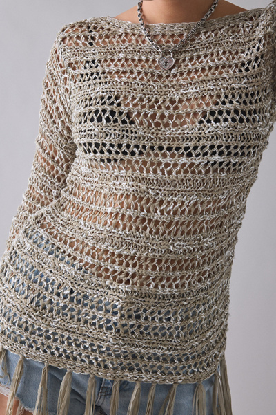UO Fringed Open-Stitch Poncho Sweater
