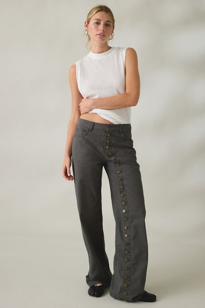 Lioness Penny Asymmetric Button Detail  Low Rise Straight Leg Jeans