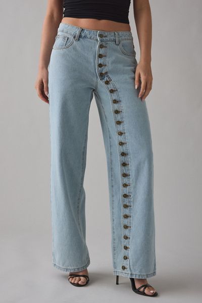Lioness Penny Asymmetric Button Detail  Low Rise Straight Leg Jeans