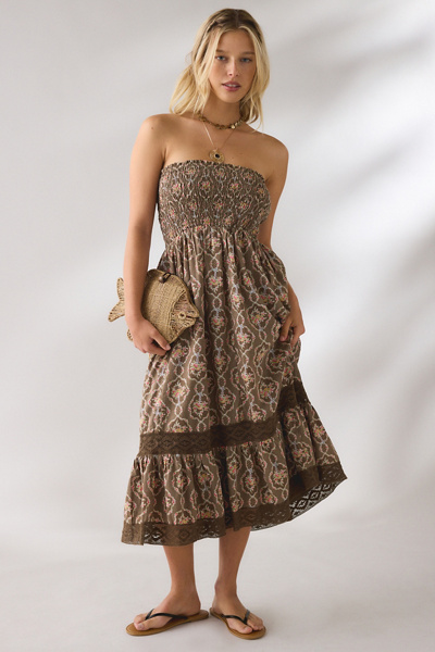 Kimchi Blue 2 For 1 Convertible Lace Trim Smocked Dress in Brown, Women’s at Urban Outfitters