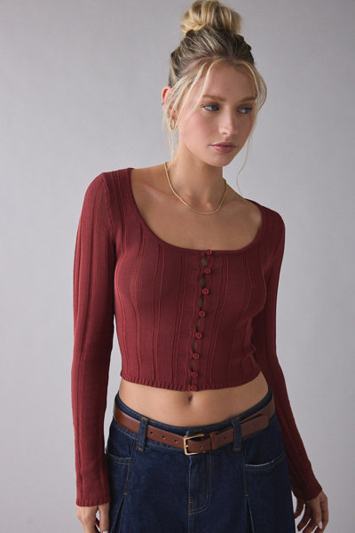Kimchi Blue Virginia Ribbed Knit Scoop Neck Cropped Cardigan In Red, Women's At Urban Outfitters In Burgundy