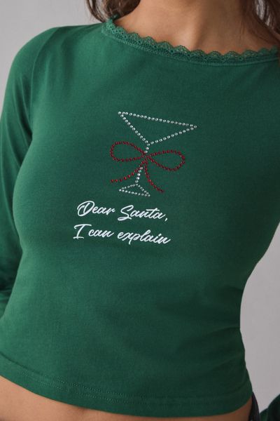 T-shirt à manches longues et encolure bateau avec graphique en strass Dear Santa Martini