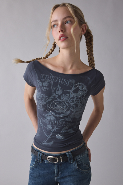 Lovers Rhinestone Graphic Off-The-Shoulder Slim Tee