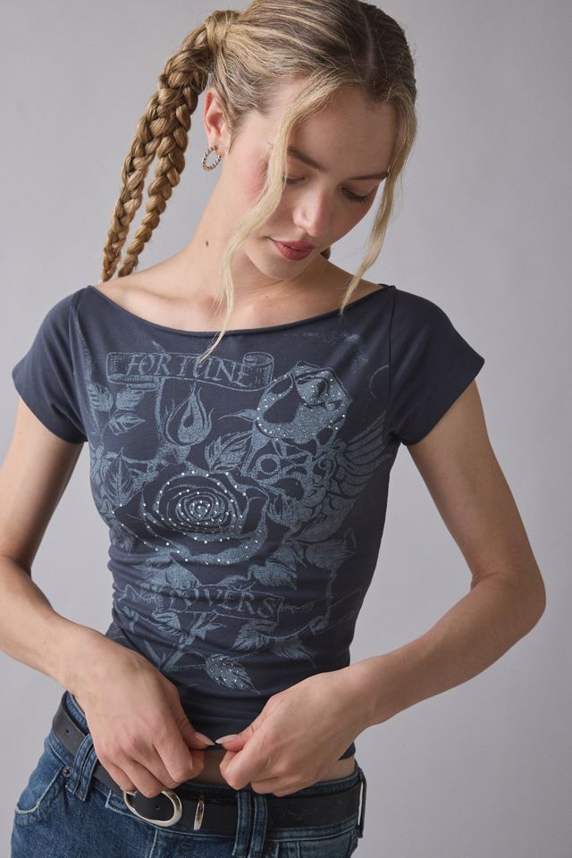 T-shirt moulant graphique en strass Lovers à épaules dénudées #2