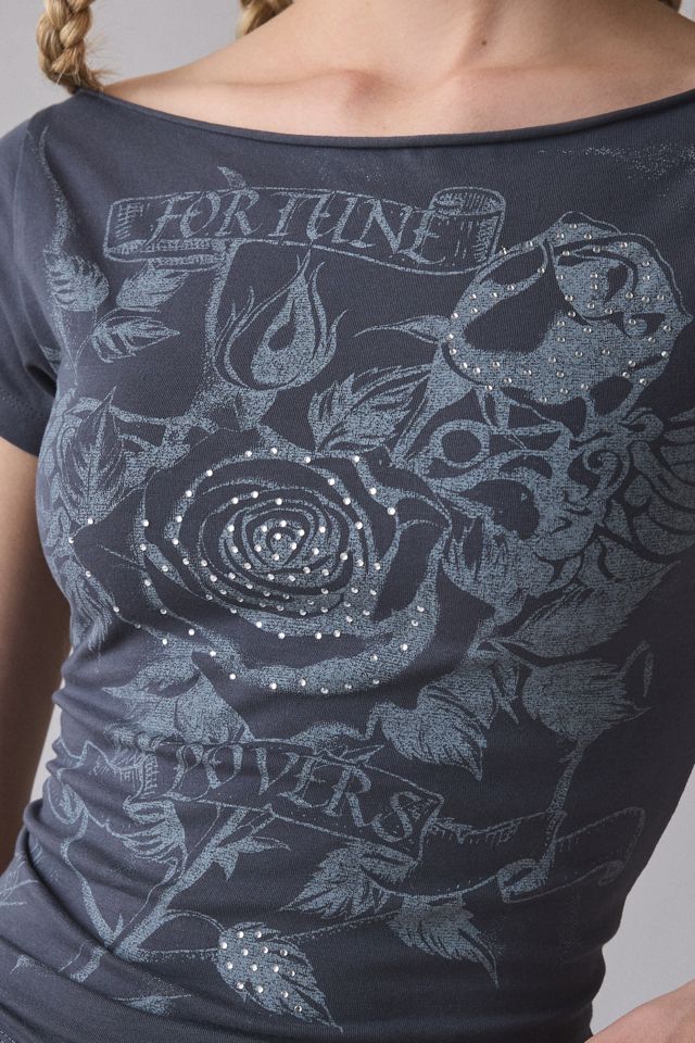 T-shirt moulant graphique en strass Lovers à épaules dénudées #4