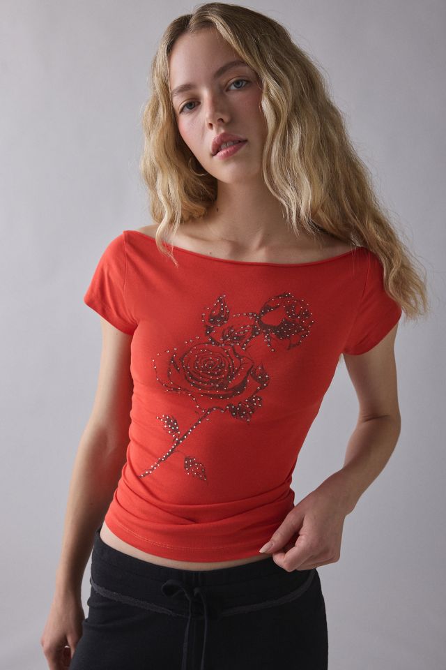 Rose Rhinestone Graphic Off-The-Shoulder Slim Tee #3