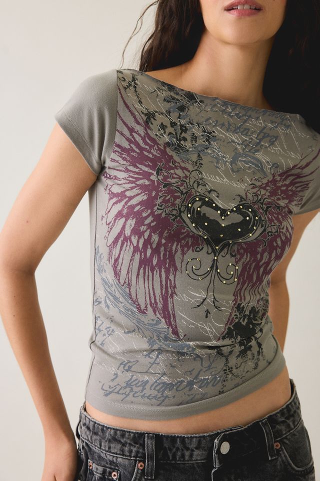 T-shirt moulant Heavenly à épaules dénudées avec graphique en strass #2