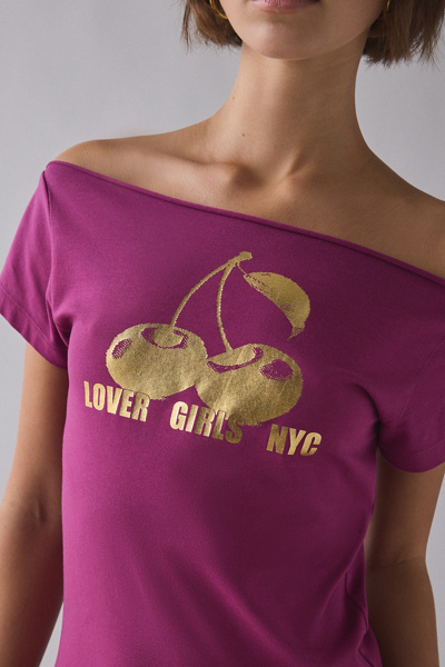 Cherry Gold Metallic Graphic Baoatneck Off-The-Shoulder Tee