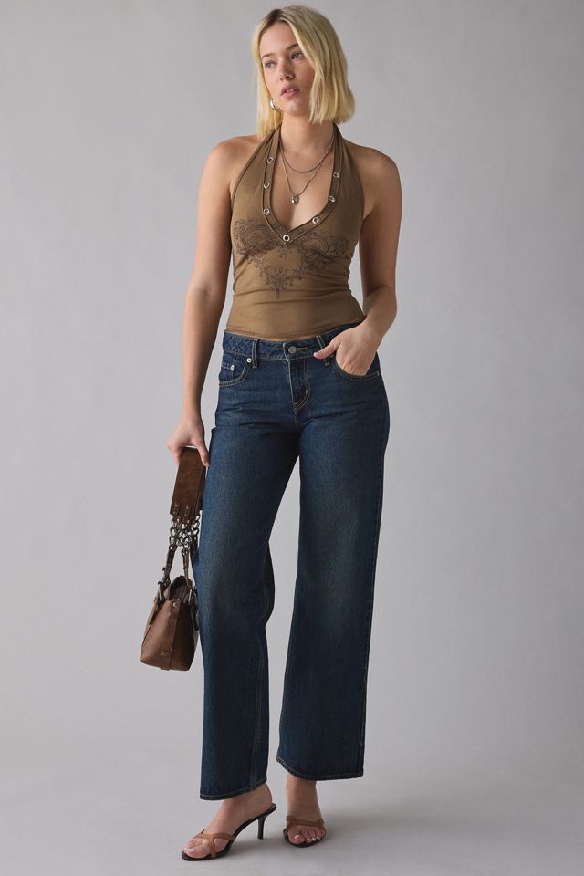Heart Graphic Silver Eyelet Studded Plunging Halter Tee #2