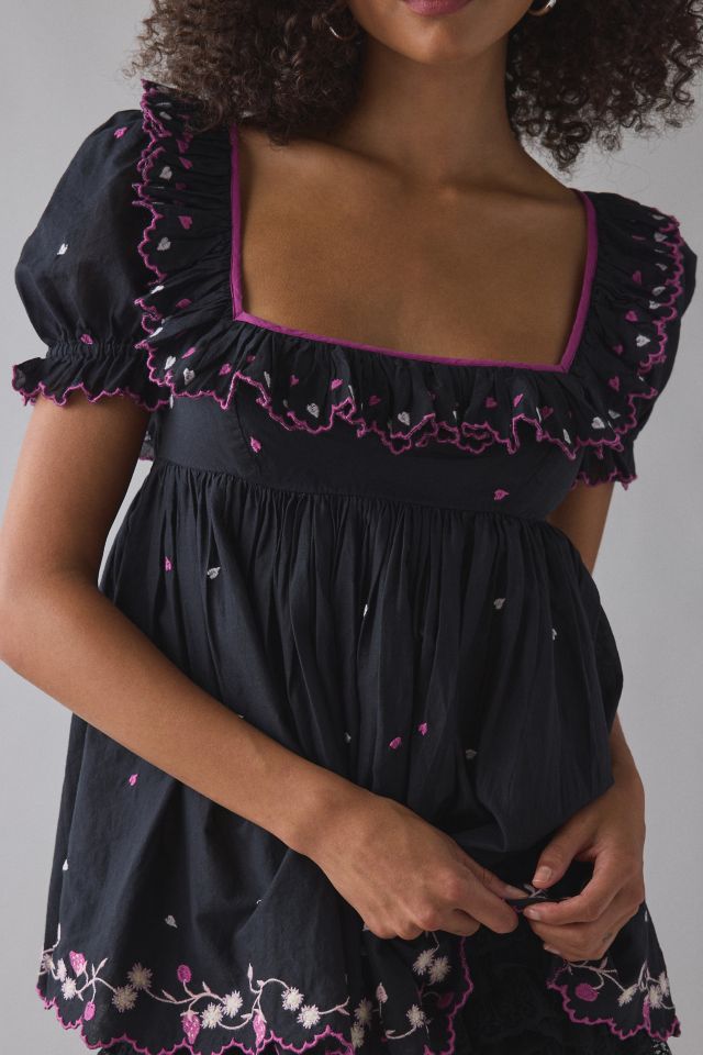 Kimchi Blue Clara Embroidered Puff Sleeve Babydoll Tunic Top #1