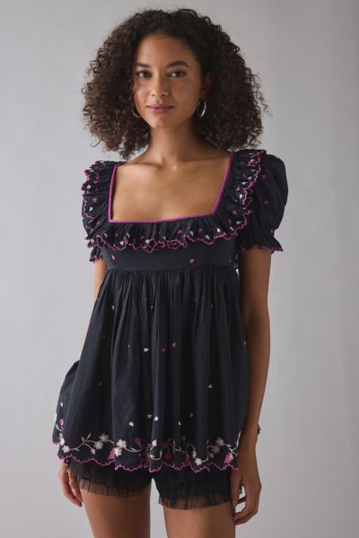 Kimchi Blue Clara Embroidered Puff Sleeve Babydoll Tunic Top