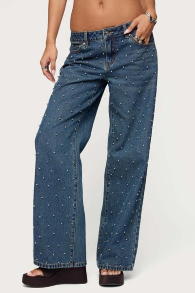 Edikted Esmay Studded Low Rise Jeans In Blue/washed, Women's At Urban Outfitters In Blue