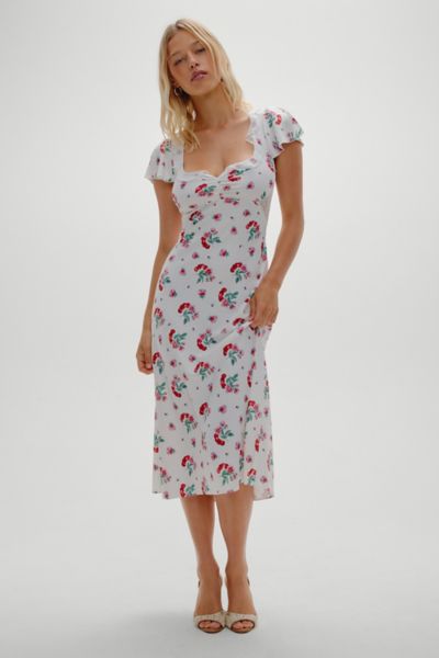 Frankies Bikinis Delicate Cherry Flower Lace Trim Satin Midi Dress