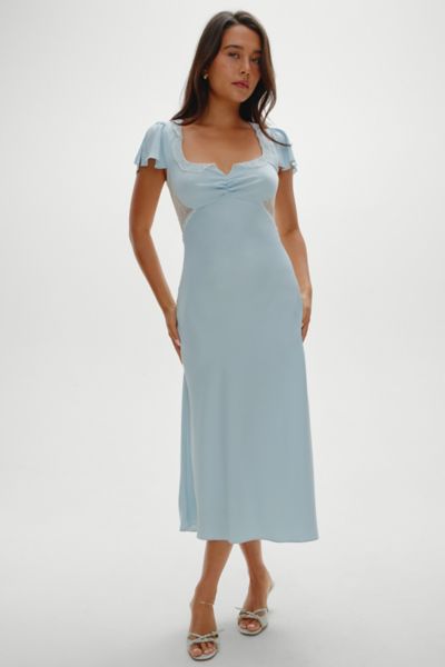 Frankies Bikinis Delicate Angel’s Breath Lace Trim Satin Midi Dress