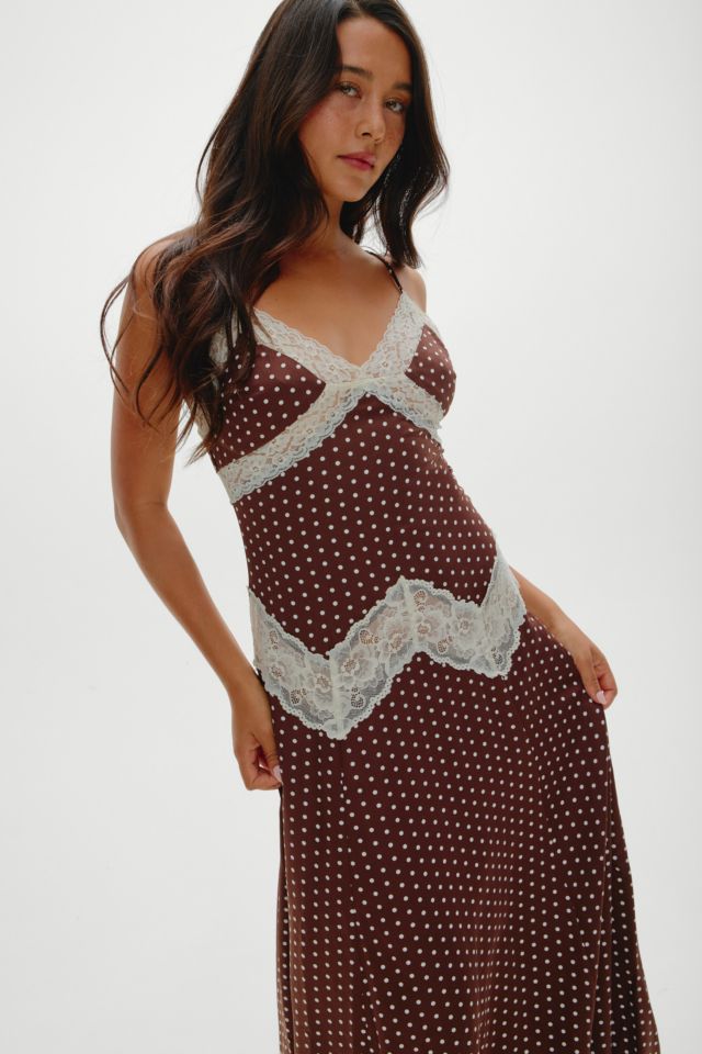 Frankies Bikinis Ethereal Chocolate Dot Satin Maxi Dress #1