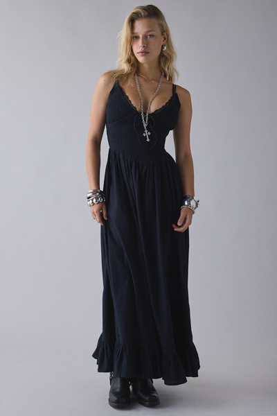 Kimchi Blue Keepsake Tie-Front Smocked Cotton Maxi Dress in Black, Women’s at Urban Outfitters