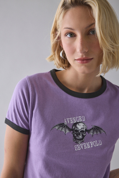 Urban Outfitters Avenged Sevenfold Band Graphic Ringer Baby Tee In Purple, Women's At  In Purple