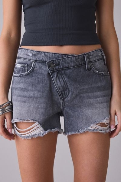 GUESS JEANS Crossover Waist Mid-Rise Denim Shorts