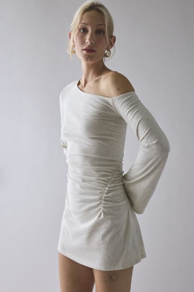 ReMADE By UO Remnants Asymmetric Cinched Off-Shoulder Long Sleeve Mini Dress