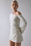 ReMADE By UO Remnants Asymmetric Cinched Off-Shoulder Long Sleeve Mini Dress